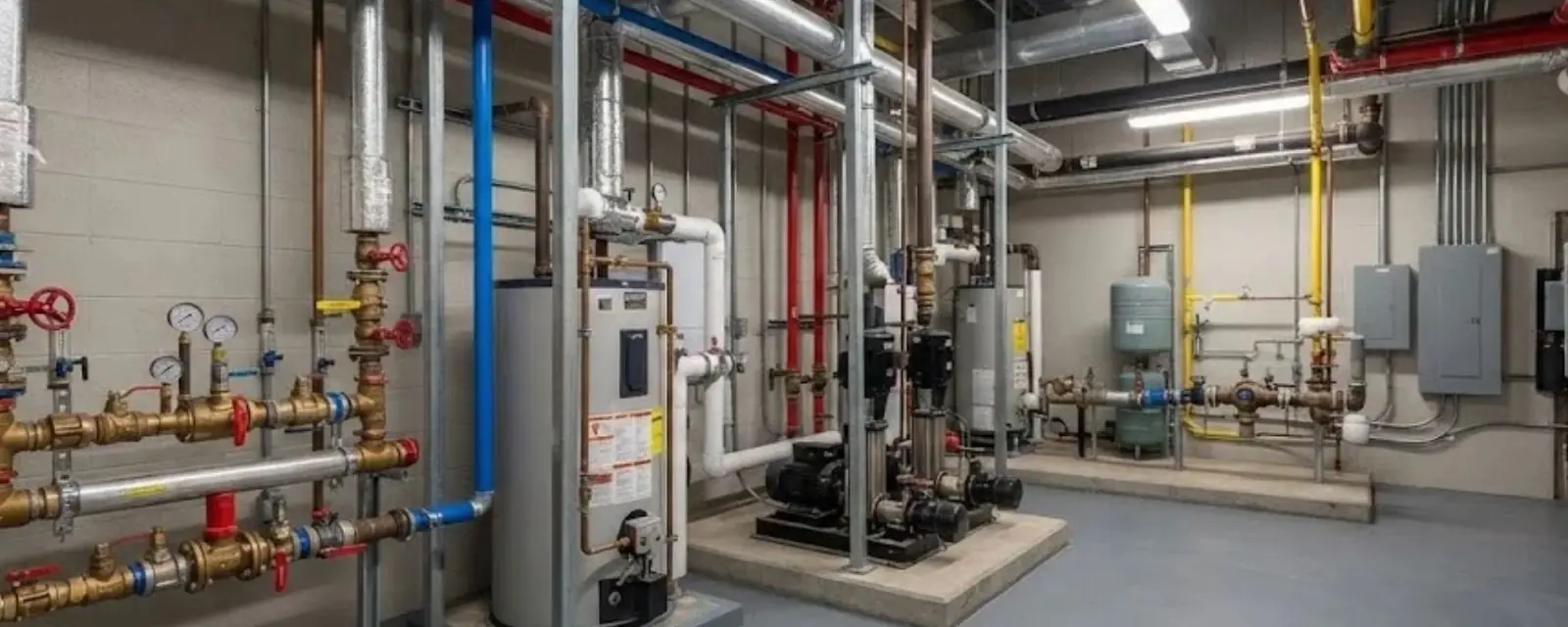 Plumber working on piping and shutoff valves in a commercial mechanical room