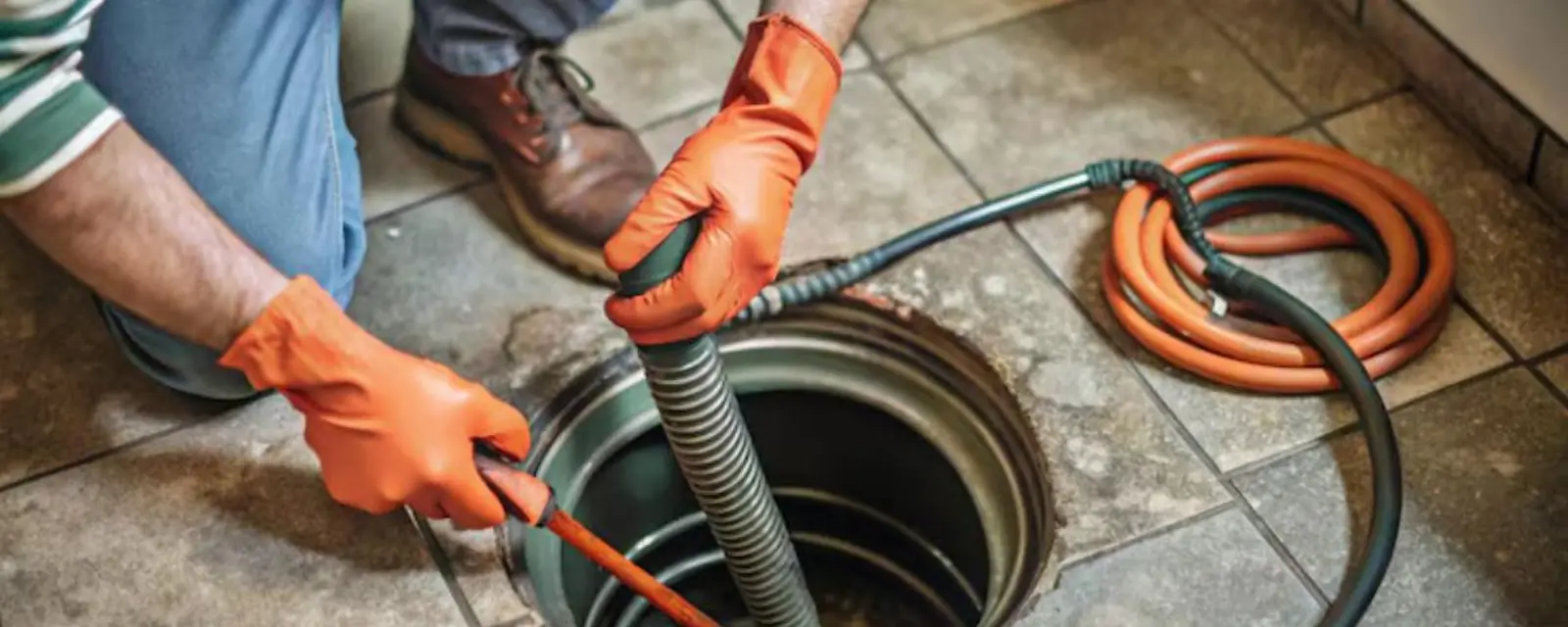 Plumber feeding a drain cable into a tiled floor drain with orange gloves on