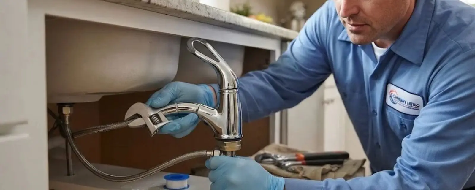 Plumber in a blue work shirt tightening a kitchen faucet with a wrench under the sink