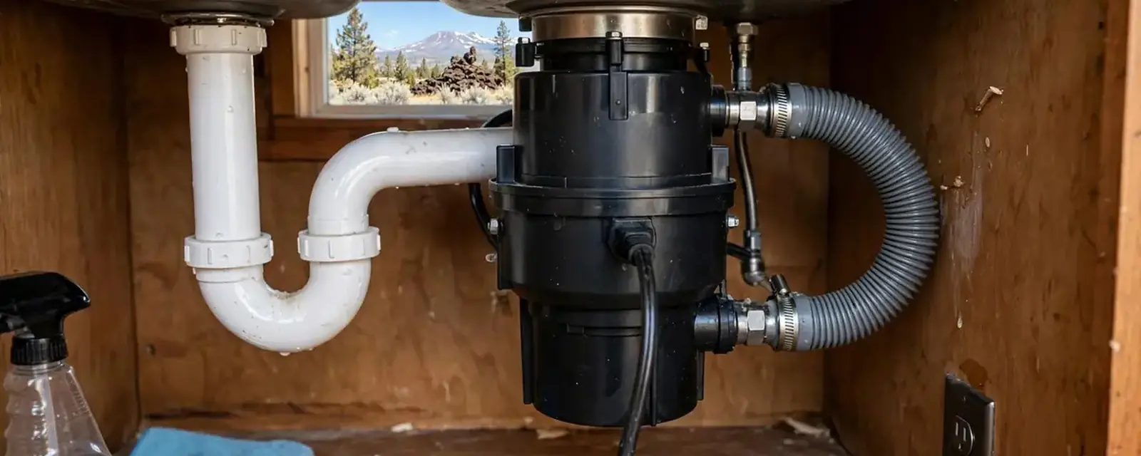 Garbage disposal mounted under a double kitchen sink with white drain pipes and a flexible hose
