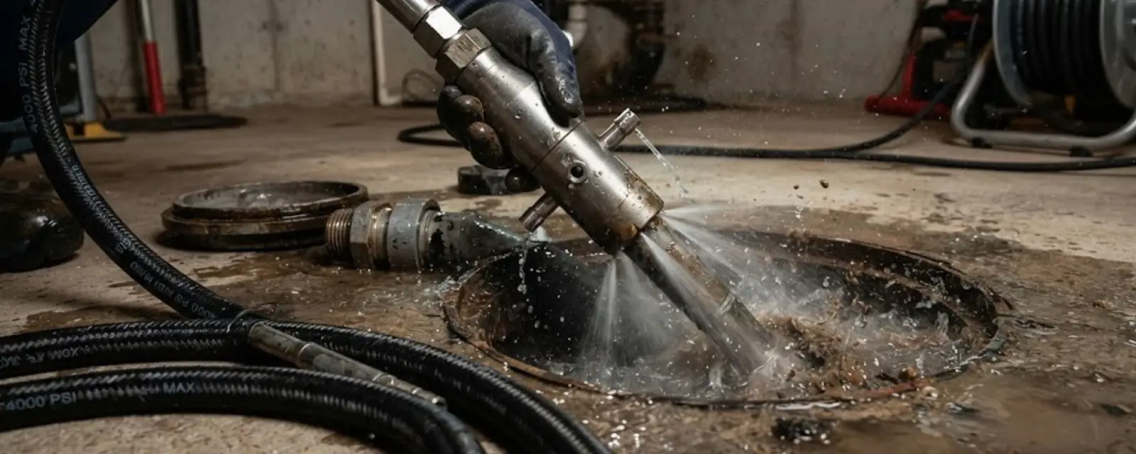 Jetting nozzle spraying water at a floor cleanout with a black hose coiled on the concrete