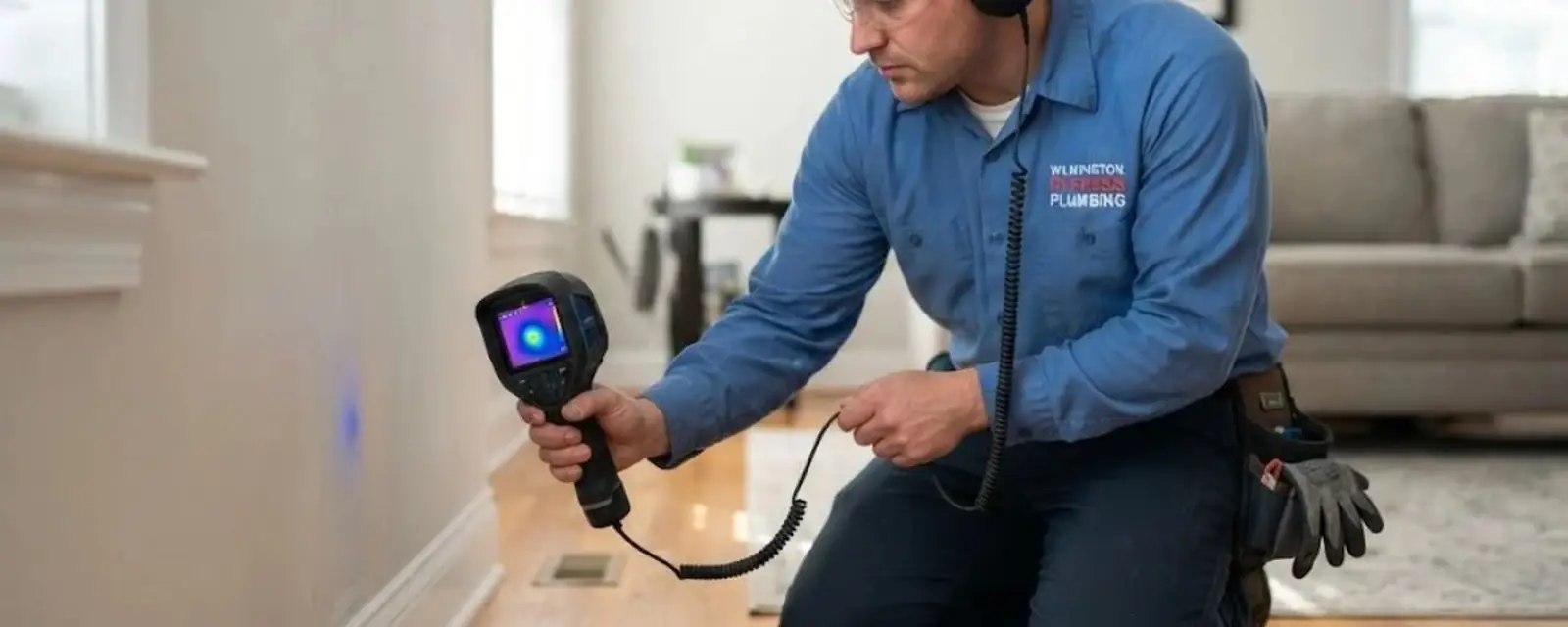 Plumber kneeling in a living room holding a thermal imaging camera toward a wall