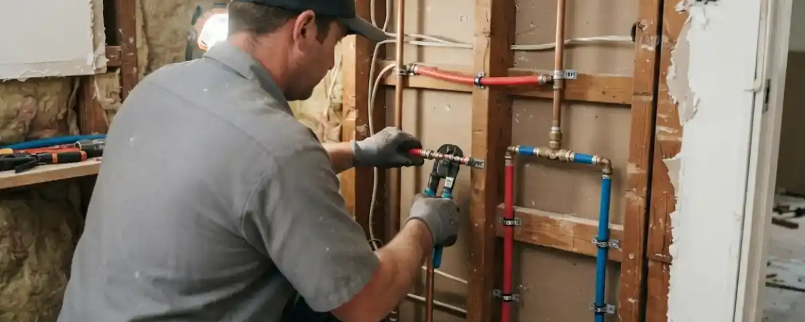 Plumber working at an open wall cavity with new red and blue PEX lines and copper fittings