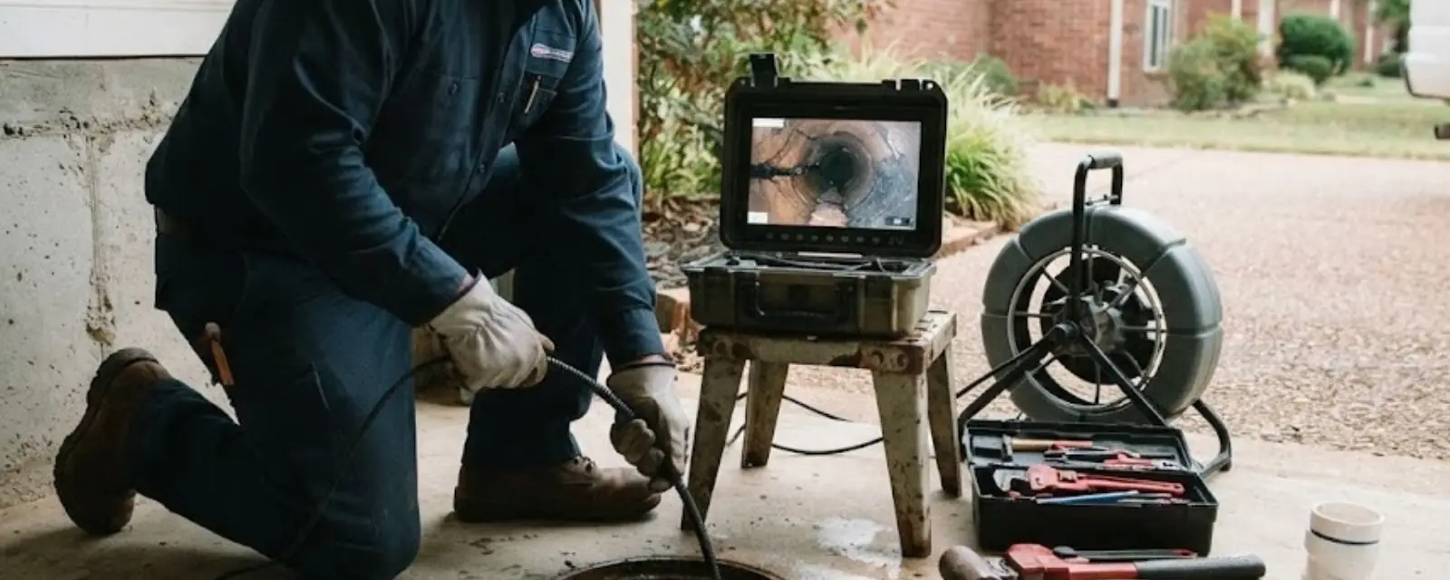 Plumber kneeling at a sewer cleanout beside a drain camera monitor and a cable reel