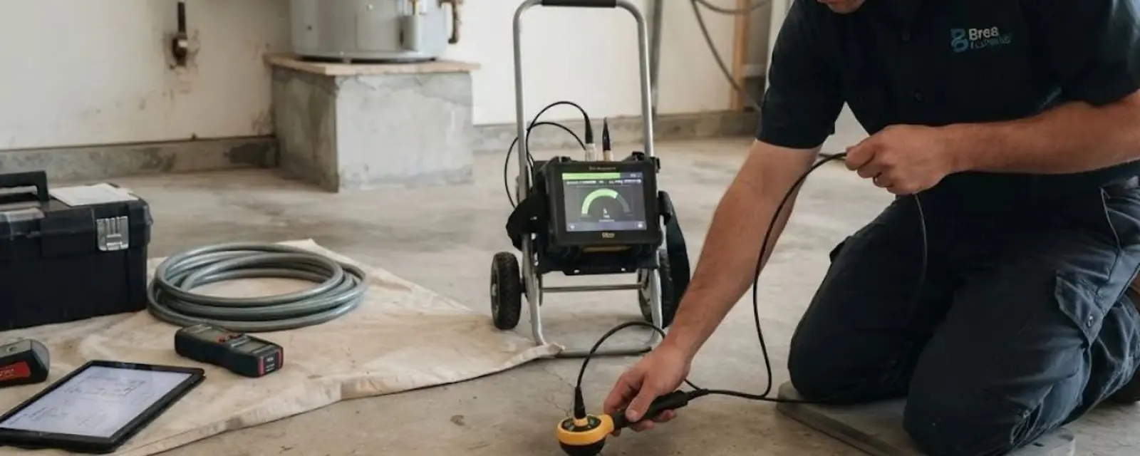 Plumber kneeling on a concrete floor listening for a leak with electronic equipment and a cart nearby