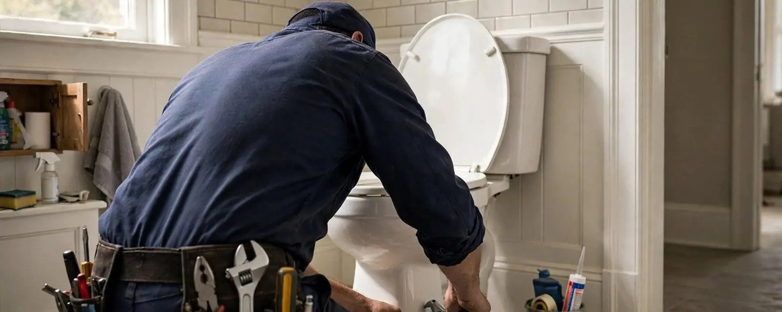 Plumber kneeling beside a toilet in a bathroom working on the tank and base
