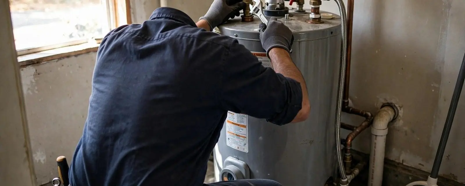 Plumber in a navy uniform crouching beside a gray tank water heater with tools nearby
